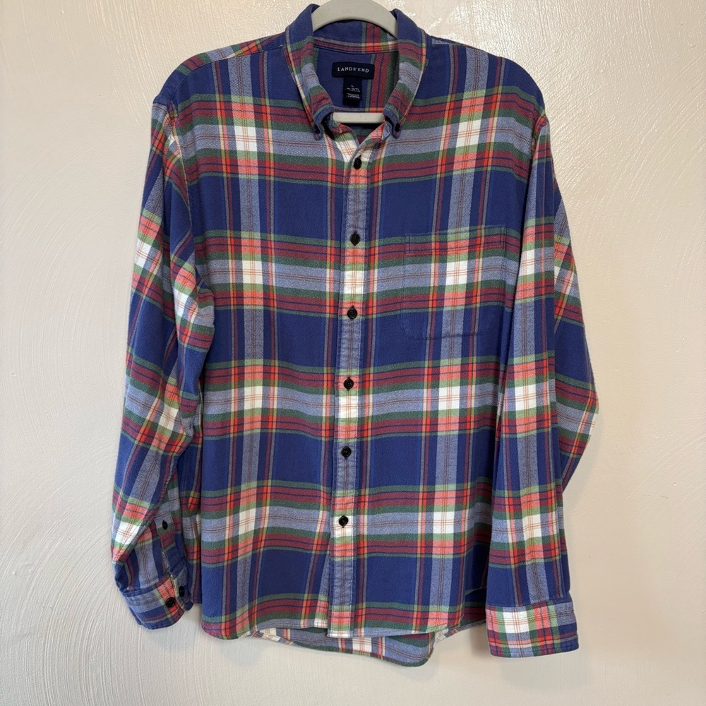Lands' End Men's Blue Red Green Plaid Button-Down Shirt